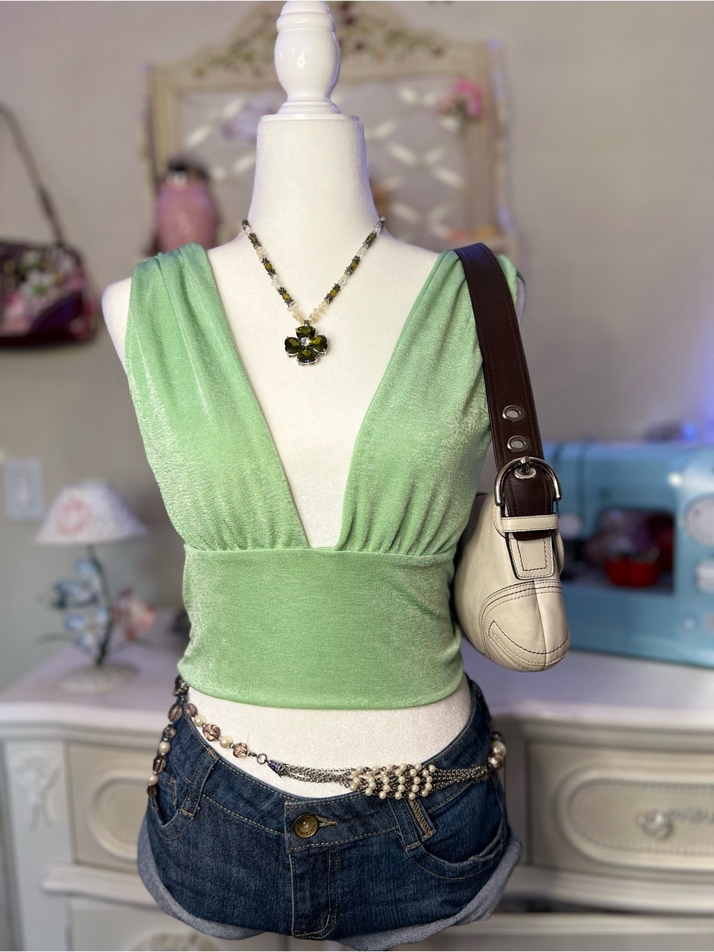 Women's Deep V Crop Top in Light Green